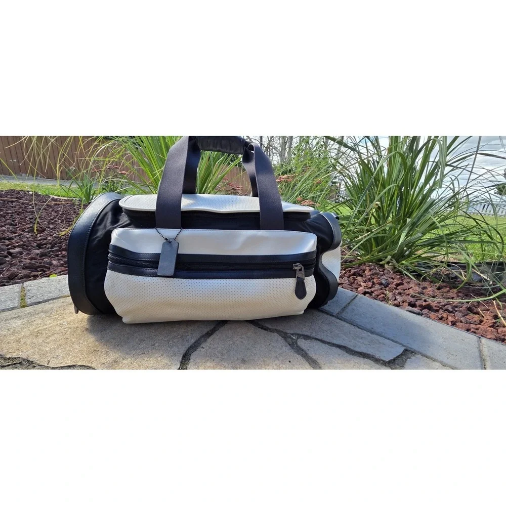Coach Terrain Gym Bag F56875 Cream And Black Perforated Leather Duffel Weekender